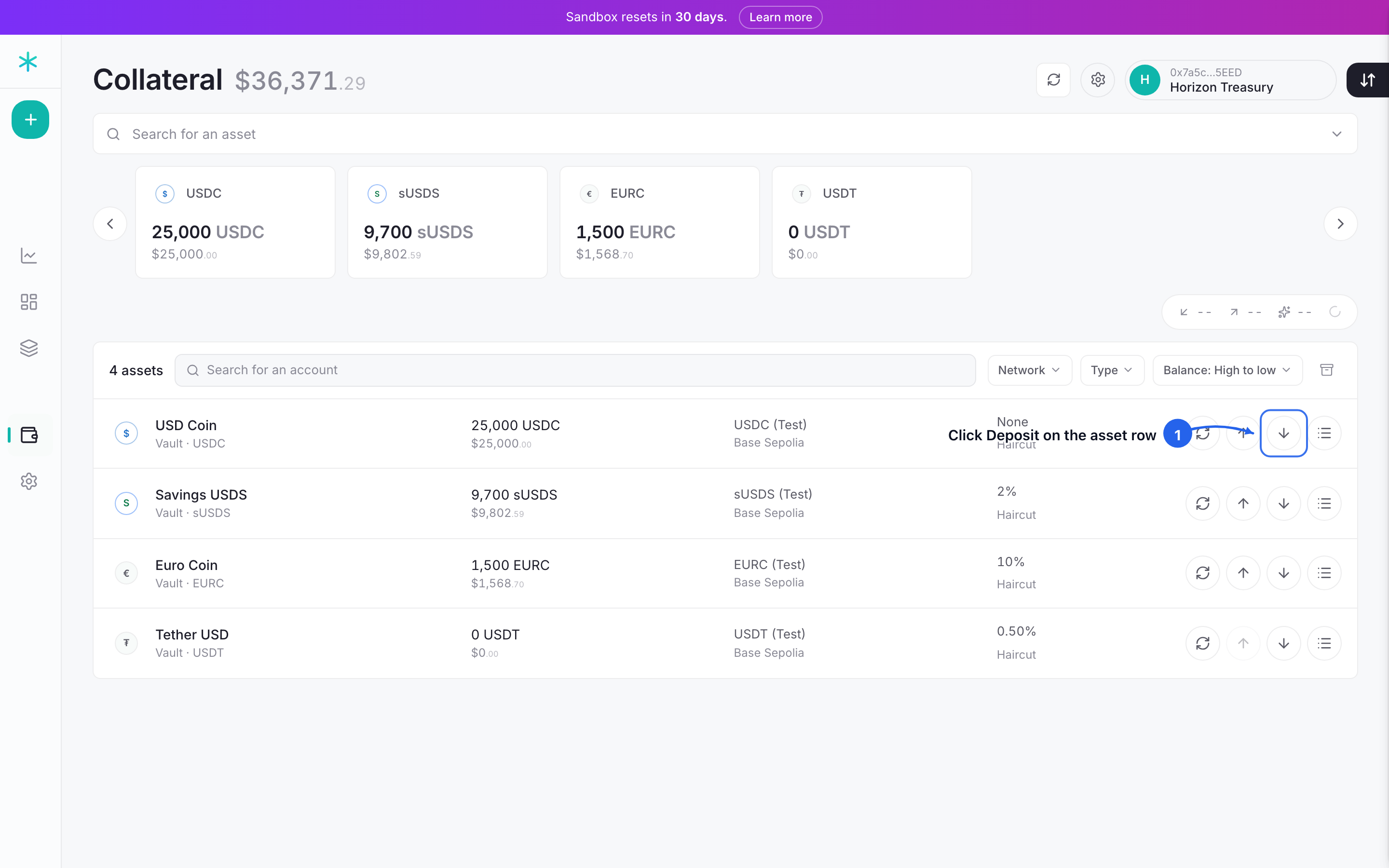 Step 1: each asset row carries its own Deposit. Click it on the token you want to fund.