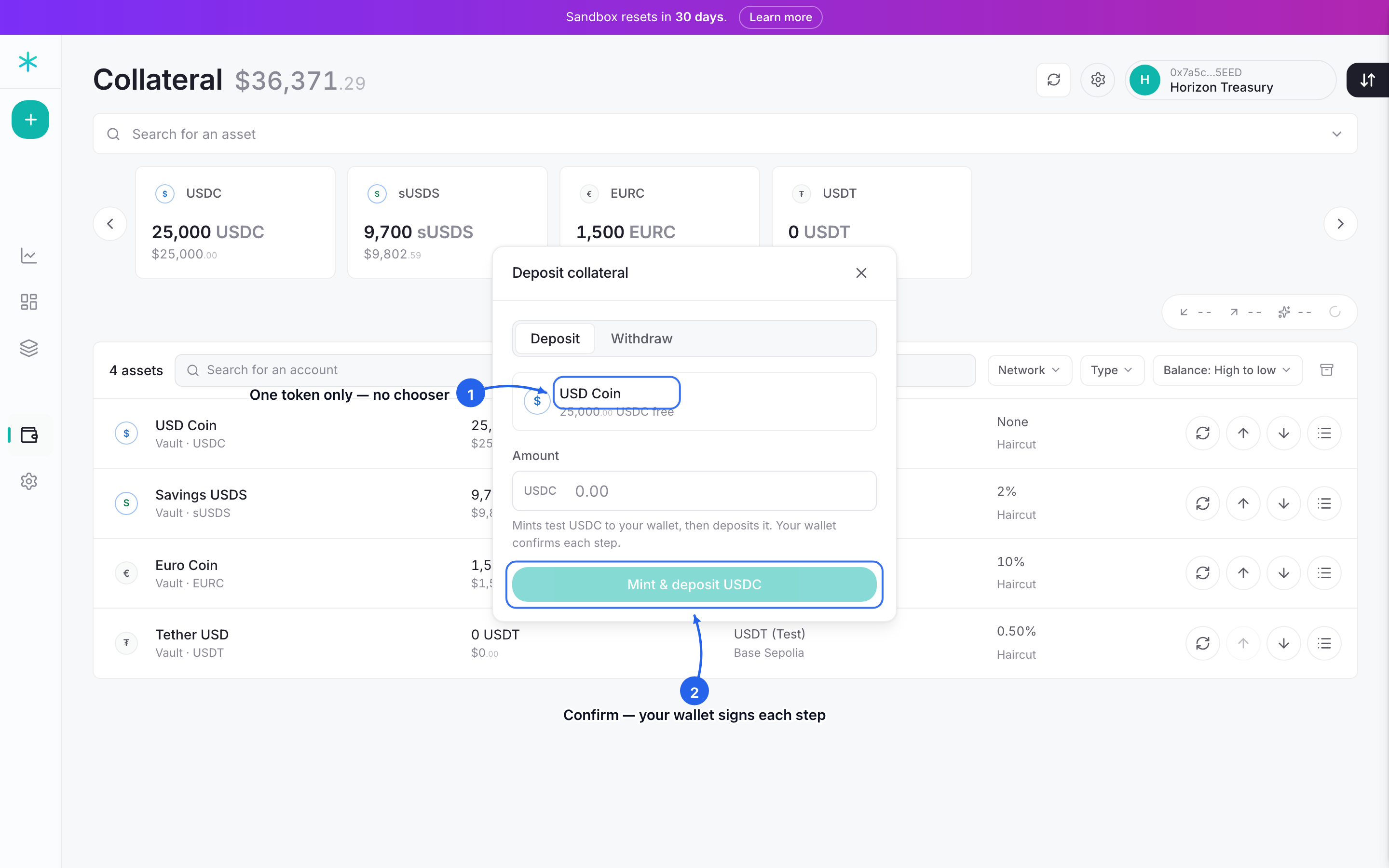 Step 2: the Deposit popup, locked to that one token. Enter an amount and confirm; your wallet signs each step.