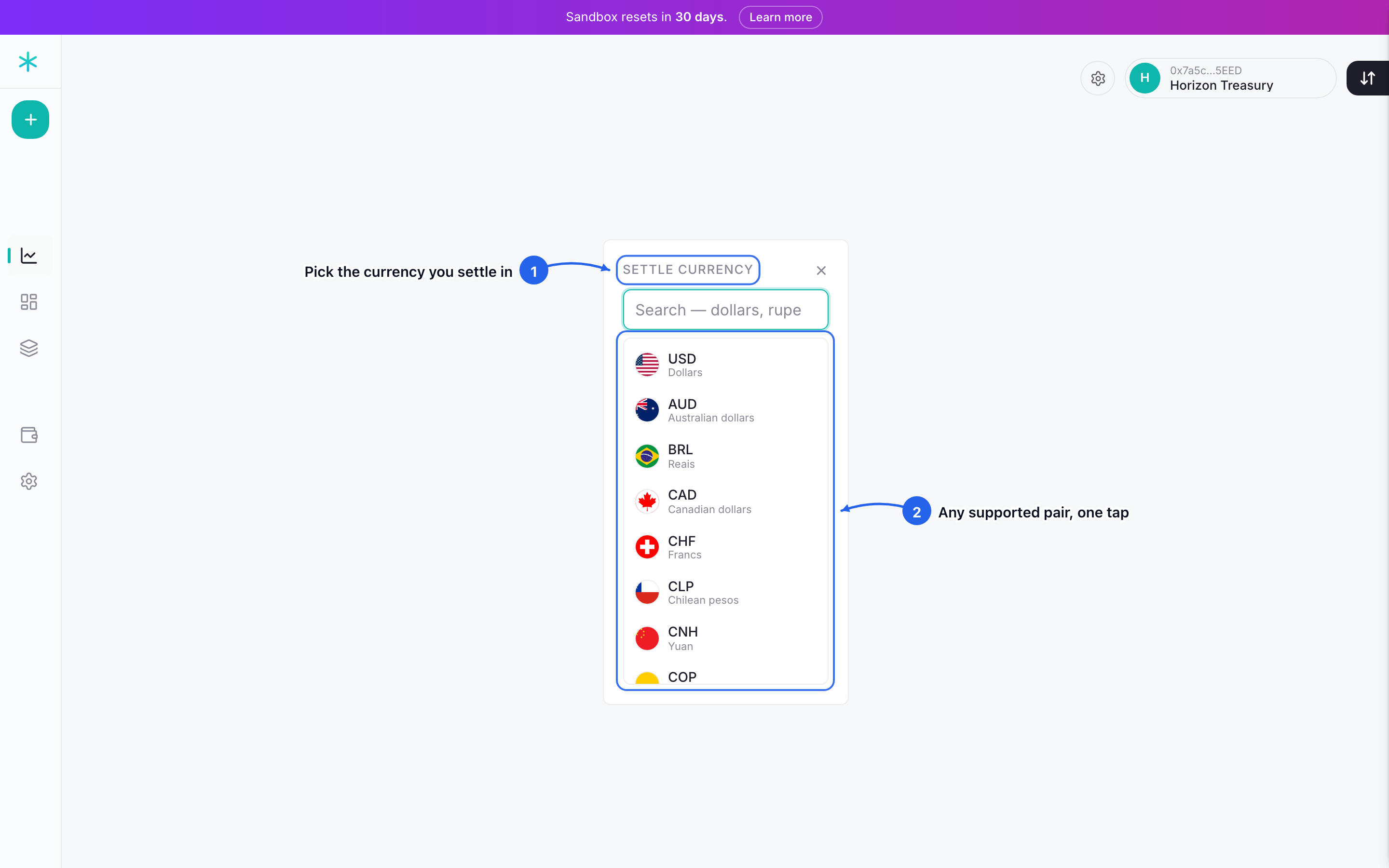 Step 1: click the settle leg and pick the currency you settle in. Every supported pair is one tap away.