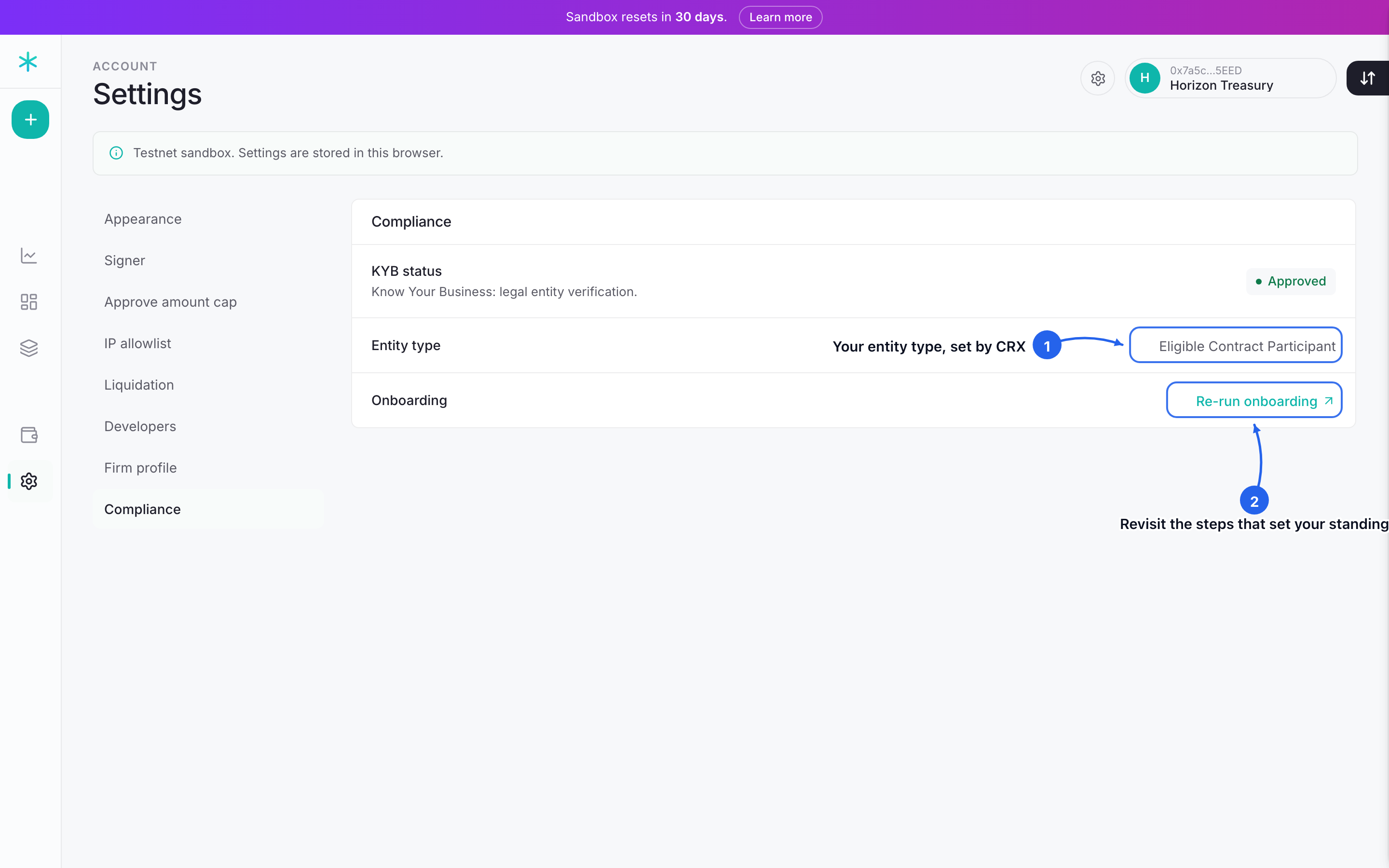 The Compliance pane: KYB status and entity type, set by CRX and shown read-only, with a Re-run onboarding link.