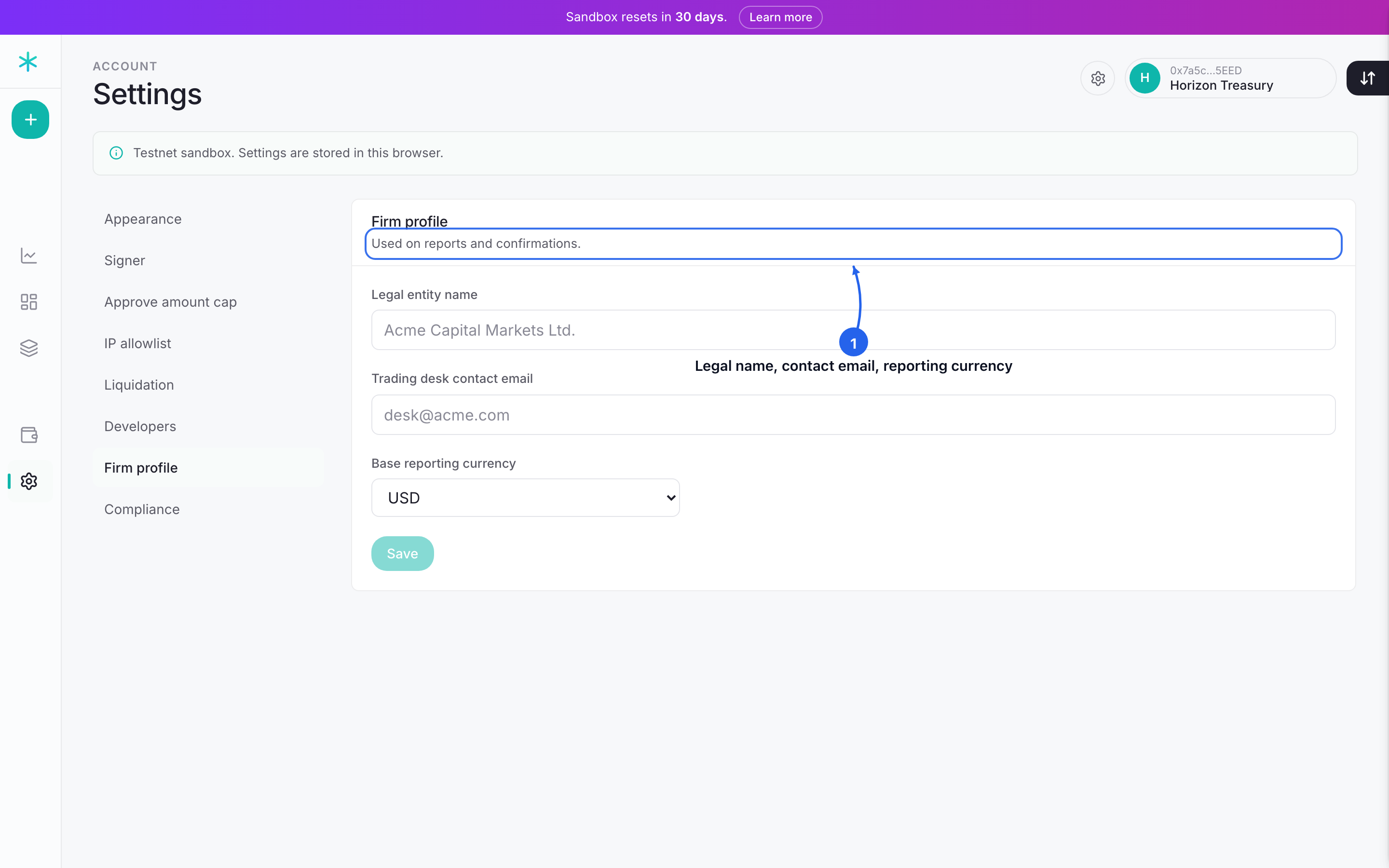The Firm profile pane: legal entity name, trading-desk contact email, and base reporting currency, used on every report.