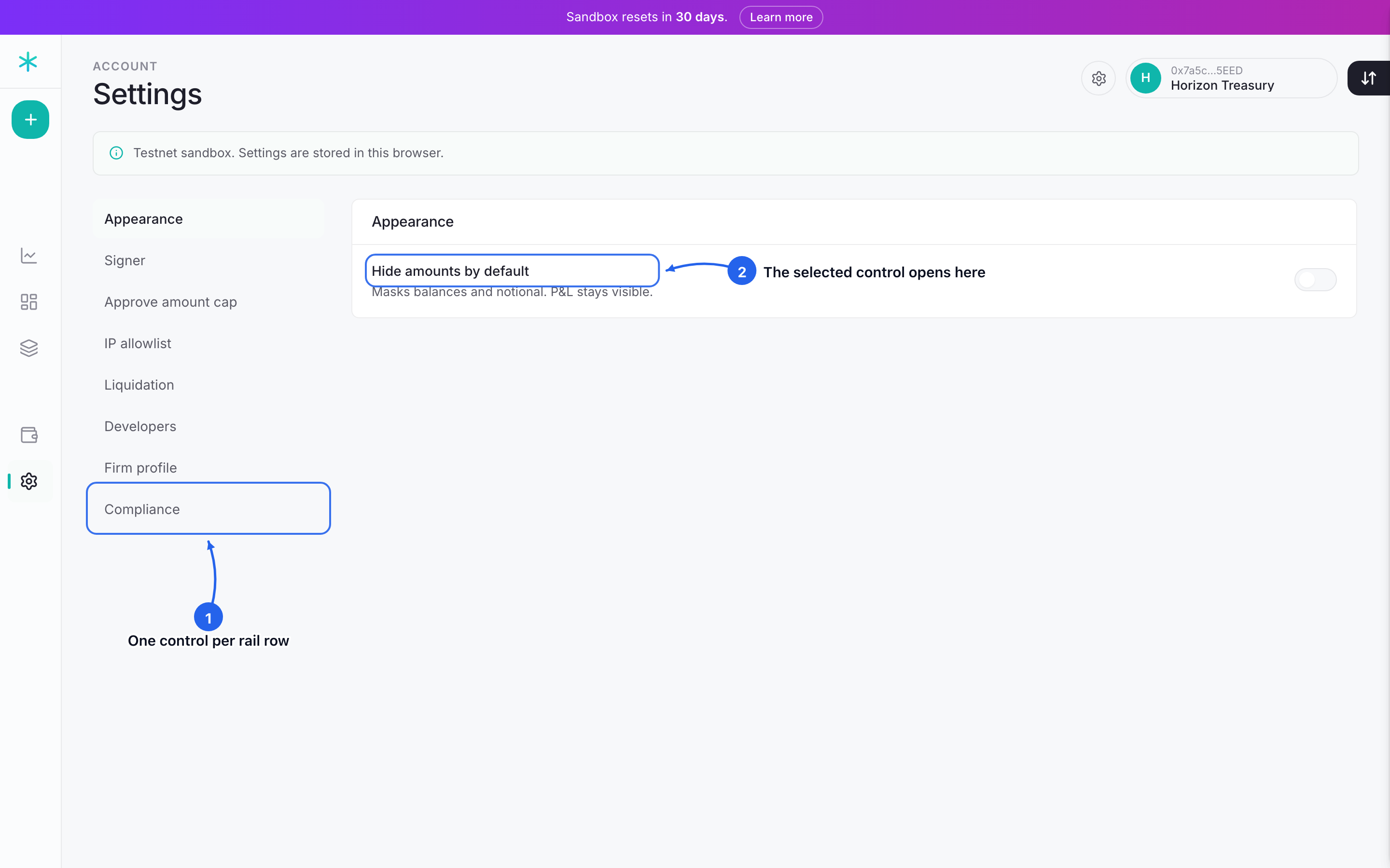 The Settings console: the left rail lists each control, Appearance, Approve amount cap, IP allowlist, Developers, Firm profile, Compliance, and the one you select opens in the right pane.