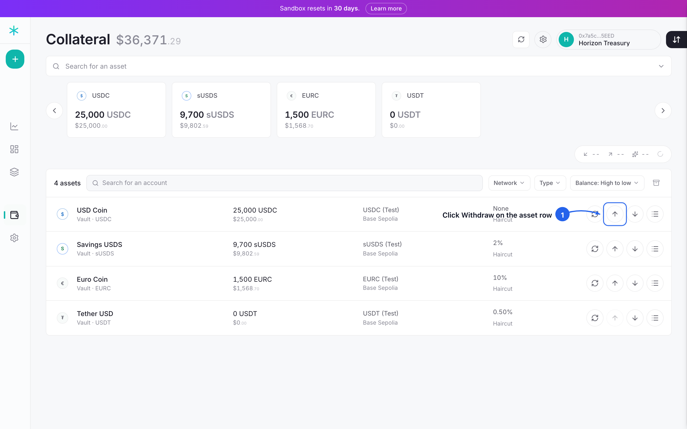 Step 1: each asset row carries its own Withdraw. Click it on the token you want to pull.